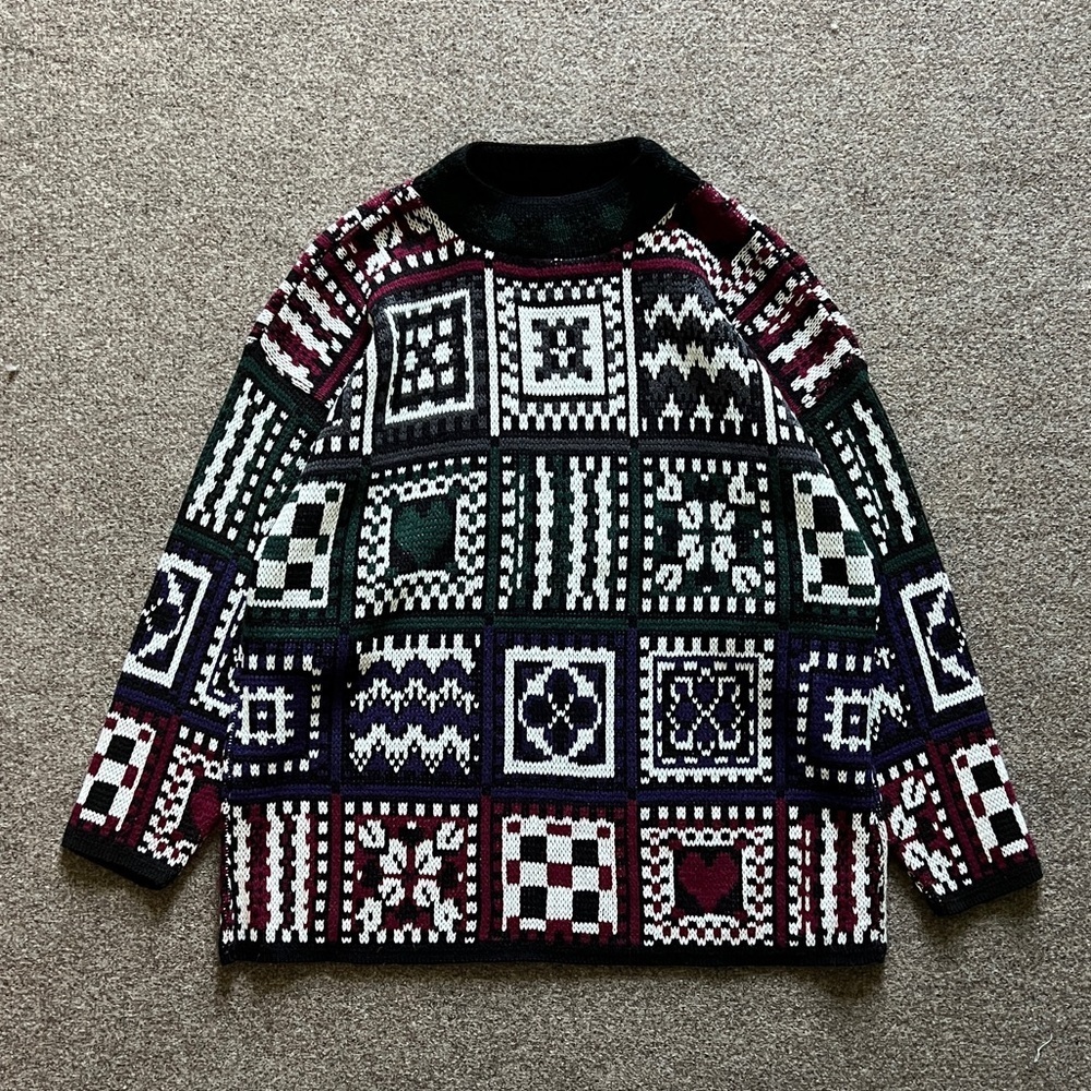 VTG Croquet Club Quilt Patchwork Pullover Mock Neck Sweater Women’s L USA Made